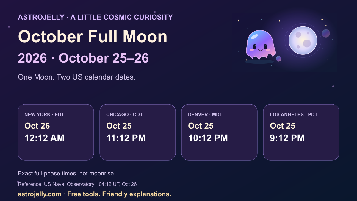 October 2026 full Moon local times: October 26 at 12:12 AM in New York; October 25 at 11:12 PM in Chicago, 10:12 PM in Denver and 9:12 PM in Los Angeles.