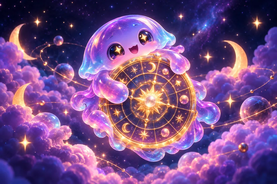 A smiling cosmic jelly mascot holding a glowing zodiac chart wheel