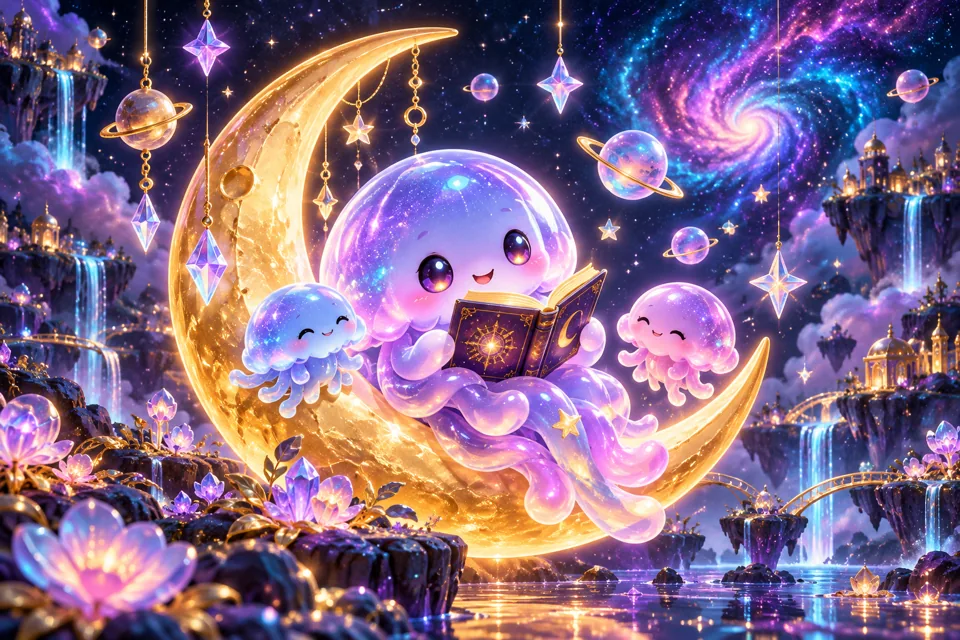 A cosmic jelly mascot reading with friends on a golden crescent Moon